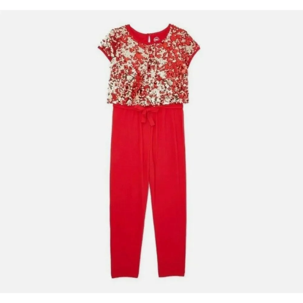 NEW Girls Sz XS (4-5) Plus Red with Gold Attached Sparkly Sequin Jacket Jumpsuit